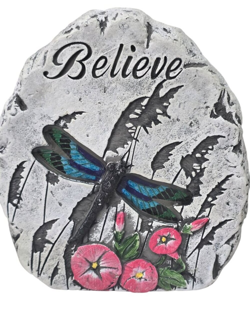 Decorative Believe Dragonfly & Flowers Garden Stone 8"x7"